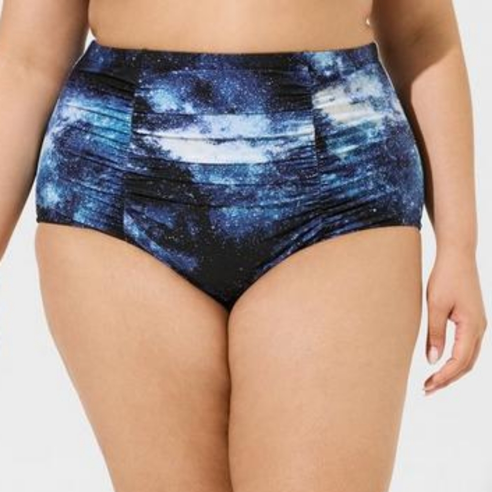 Torrid Blue Black White Celestial High Waist Ruched Swim Bottoms 2X NWT